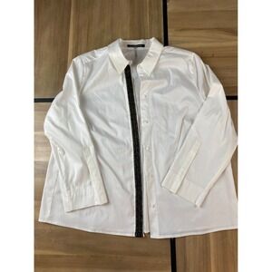 LUISA CERANO Womens White ButtonShirt Black Gold‎ Stripe Embellished Size XL